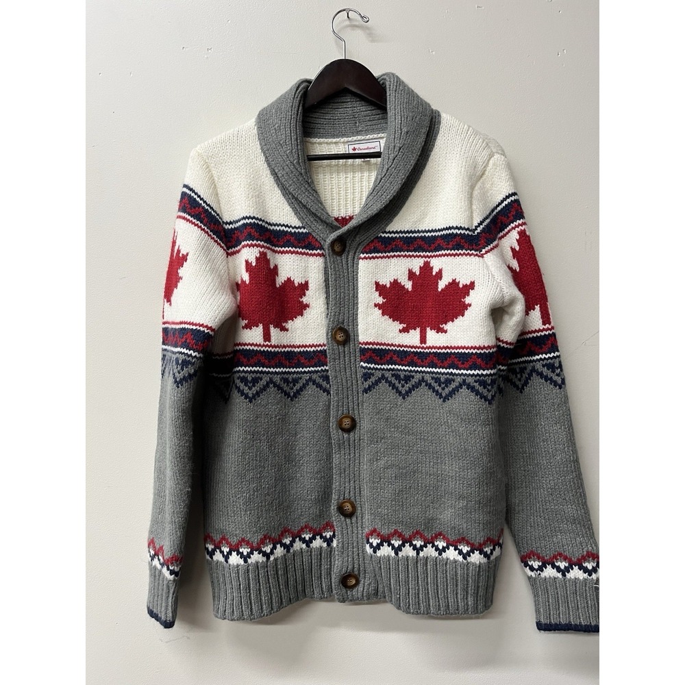 Canadiana Nordic Wool Sweater Sz Med Cardigan Cowl neck Gray w/Red Maple Leaves